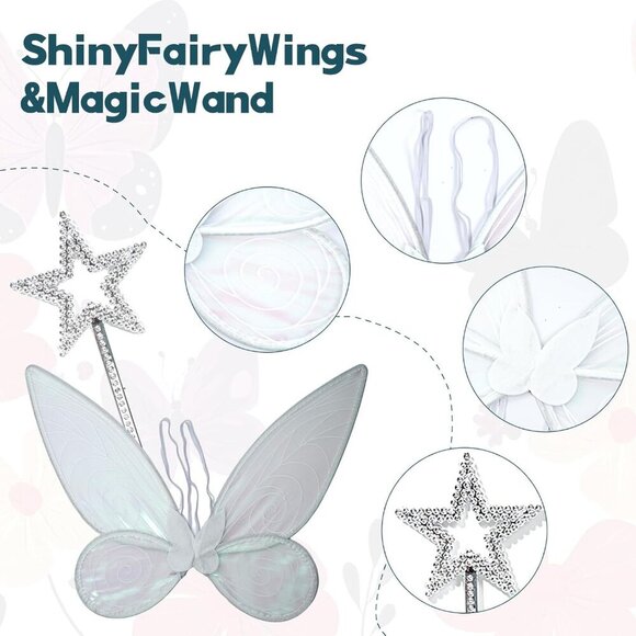 Fairy Costume Set for Girls Women Iridescent Wings Elf Ears Flower Crown Wand - Picture 6 of 7